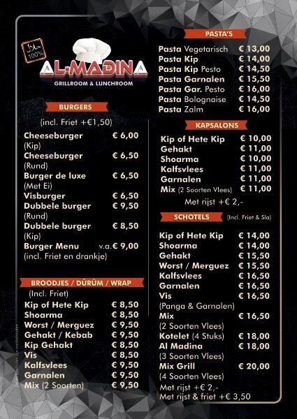 Menukaart Al Madina Amersfoort — achterkant