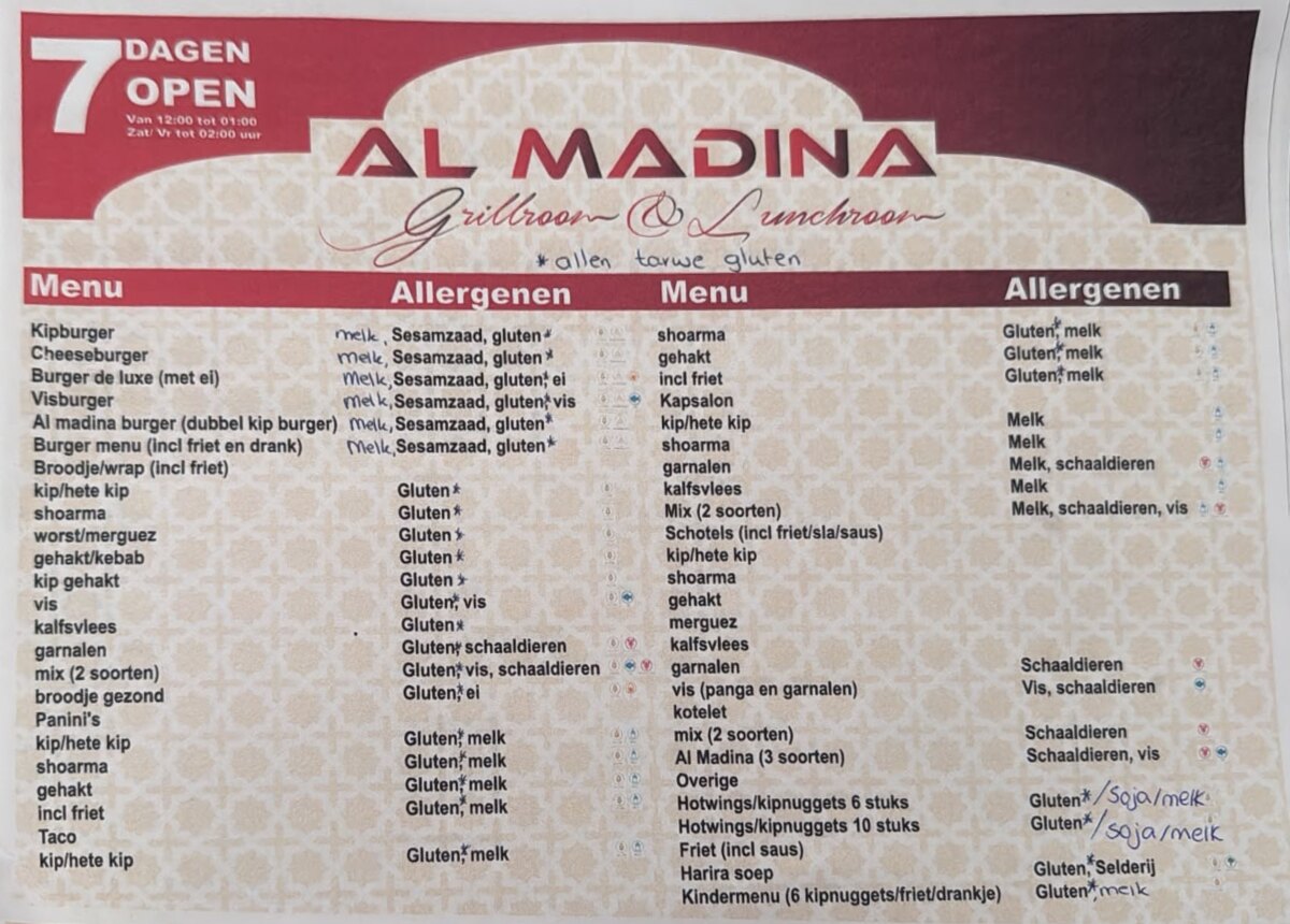 Allergenenkaart Al Madina Amersfoort — allergenen per gerecht