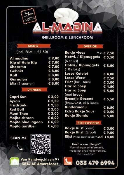 Menukaart Al Madina Amersfoort — voorkant